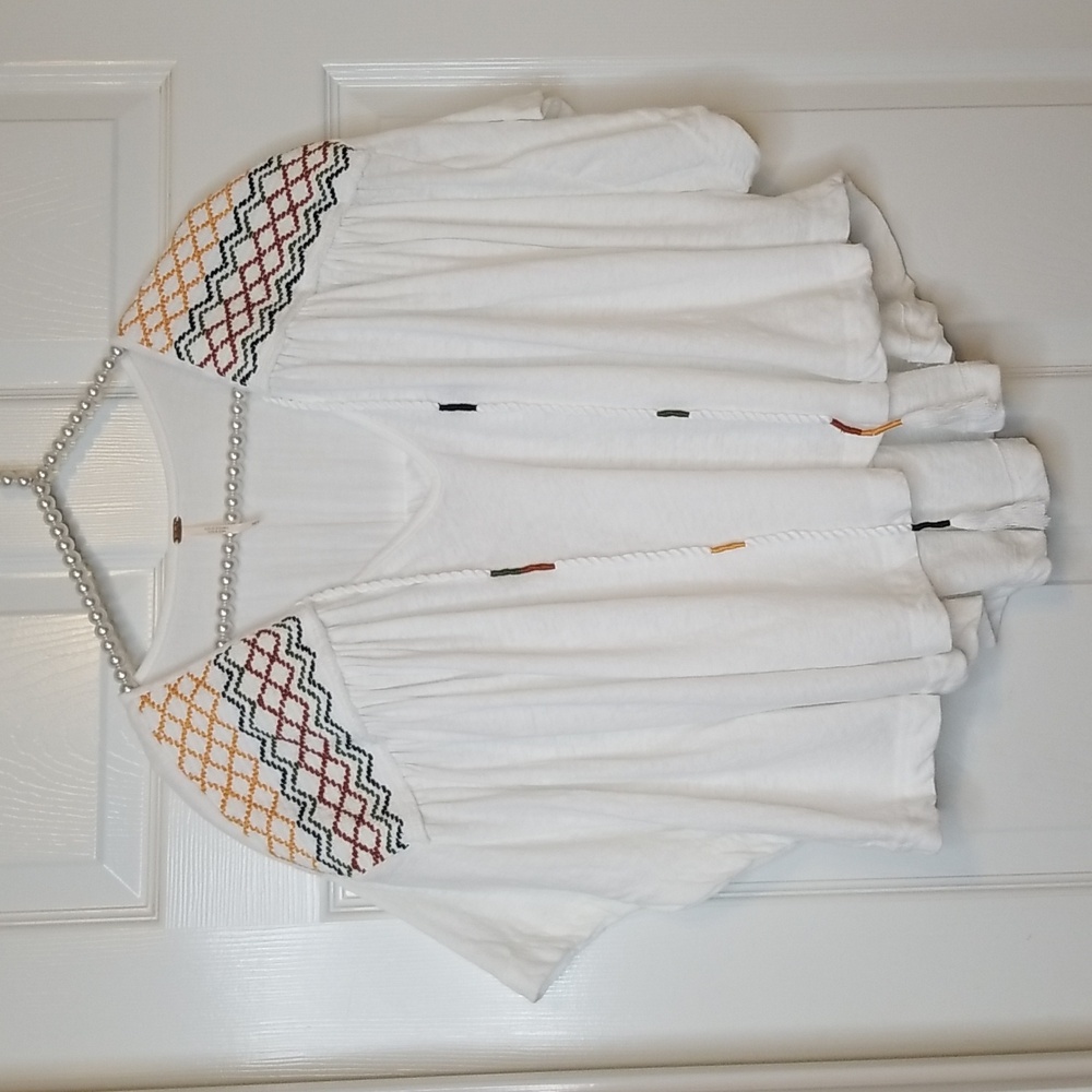 Free People Market Embroidered V Neck Tie Front Top White Oversized Medium - Picture 5 of 10